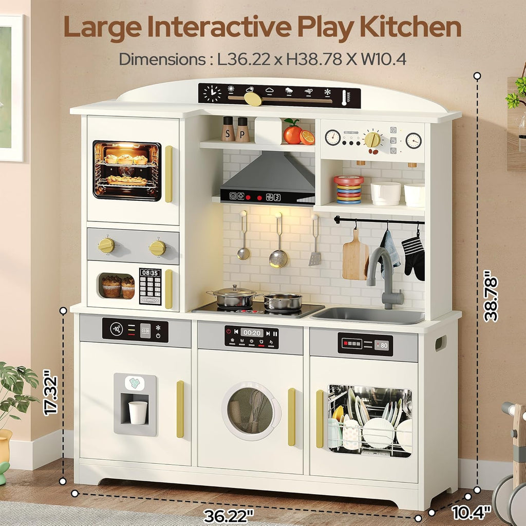Play Kitchen for Kids, Wooden Toy Kitchen Set with Plenty of Play Features & Accessories, Toddler Kitchen Playset, Pretend Play Kitchen, Gift for Ages 3+