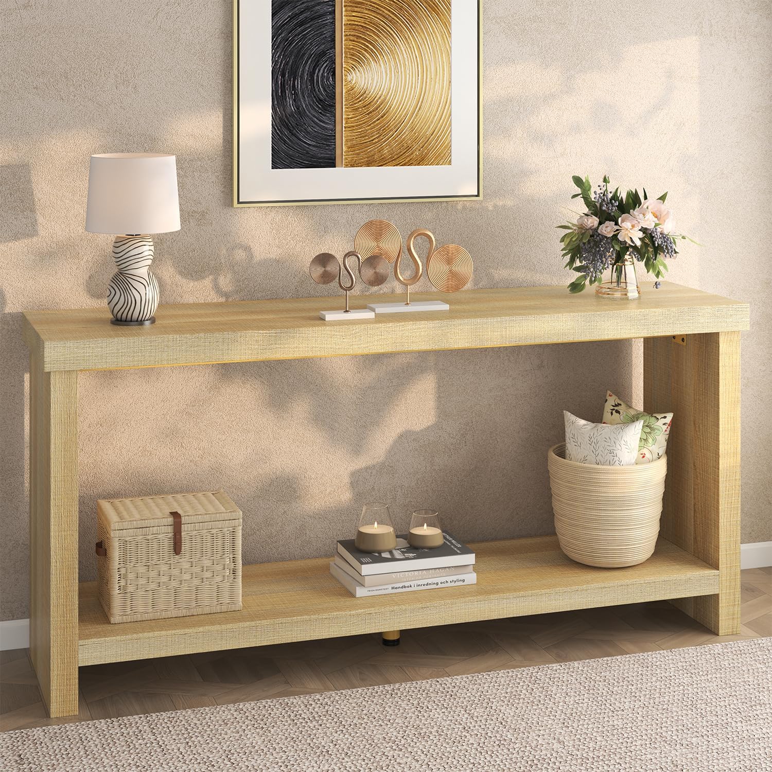 63 Inches Narrow Console Table, 2-Tier Long Sofa Tables Behind Couch Table, Farmhouse Foyer Tables for Entryway, Hallway, Living Room, Oak Natural