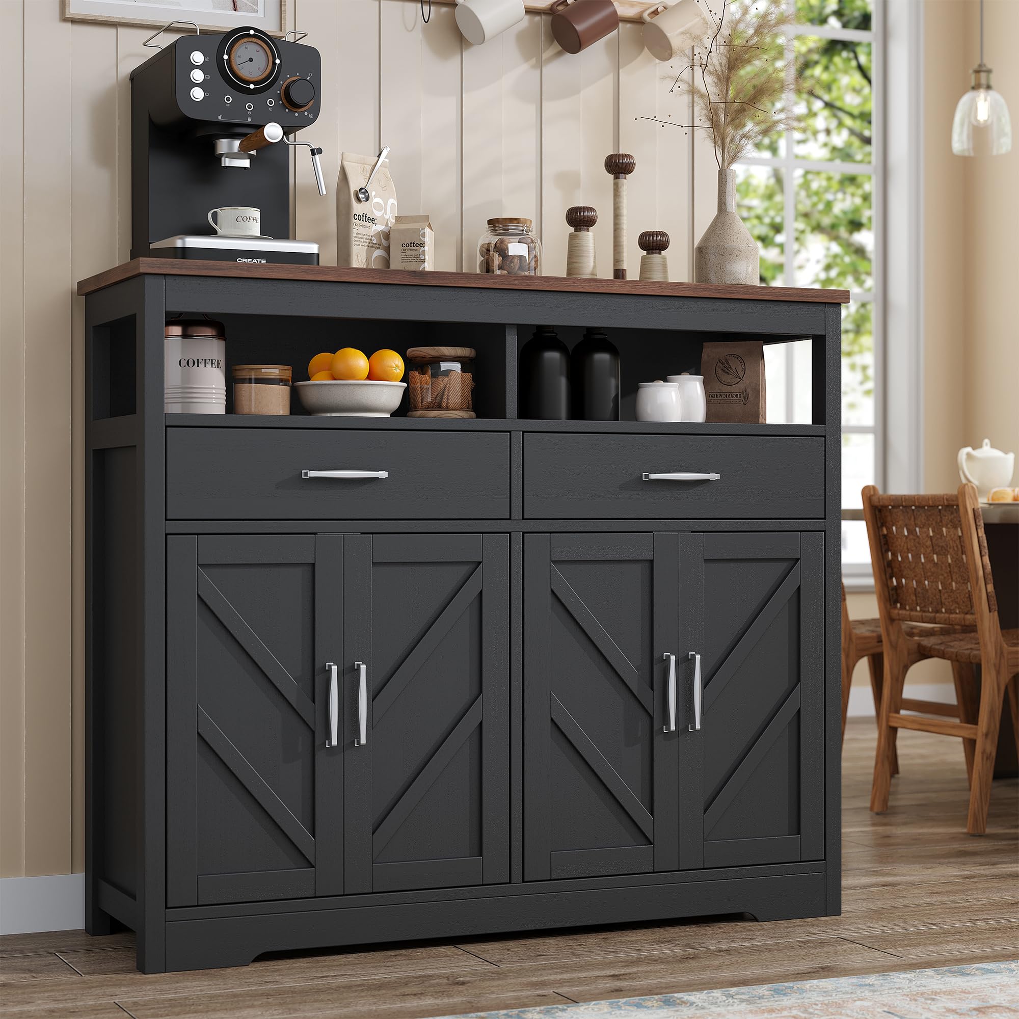 Buffet Sideboard with Storage Farmhouse with 4 Doors, 55'' Large Kitchen Storage Cabinet Wood Coffee Bar Cabinet Buffet Table with Shelves for Kitchen, Dining Room, Entryway