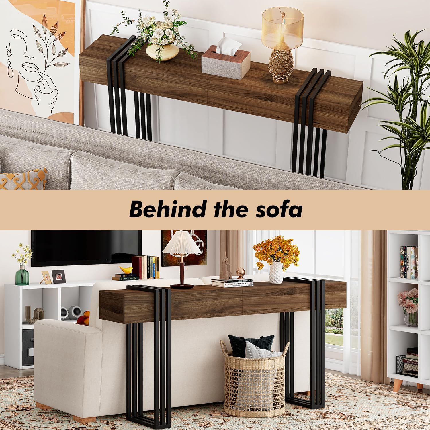 63 Inch Console Table for Entryway, Industrial Sofa Tables Couch Table Behind Sofa for Living Room Hallway Foyer, Walnut