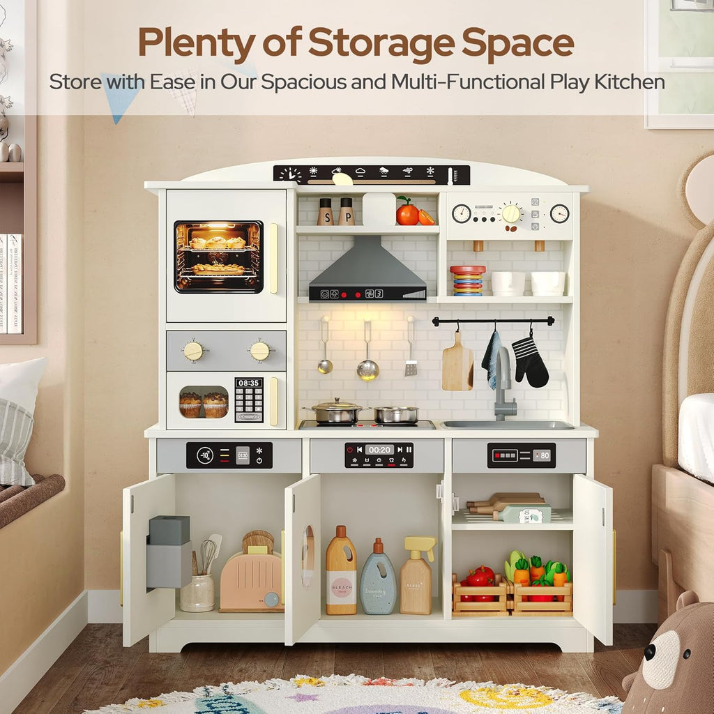 Play Kitchen for Kids, Wooden Toy Kitchen Set with Plenty of Play Features & Accessories, Toddler Kitchen Playset, Pretend Play Kitchen, Gift for Ages 3+