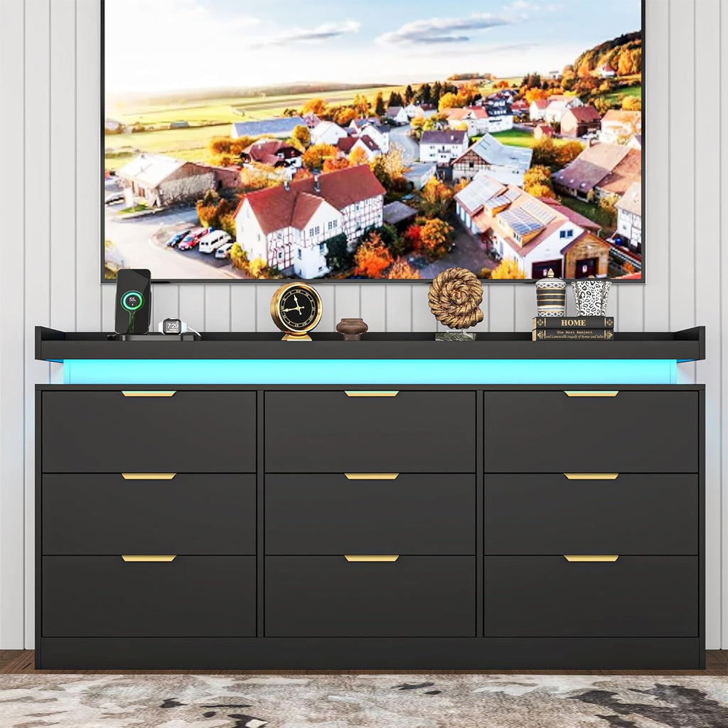 9 Drawer Dresser for Bedroom, Black Dresser with LED Lights and Power Outlet, Large Wooden Dressers Modern Chest of Drawers, Triple Wide Drawer Organizer Cabinet for Bedroom, Entryway, Hallway