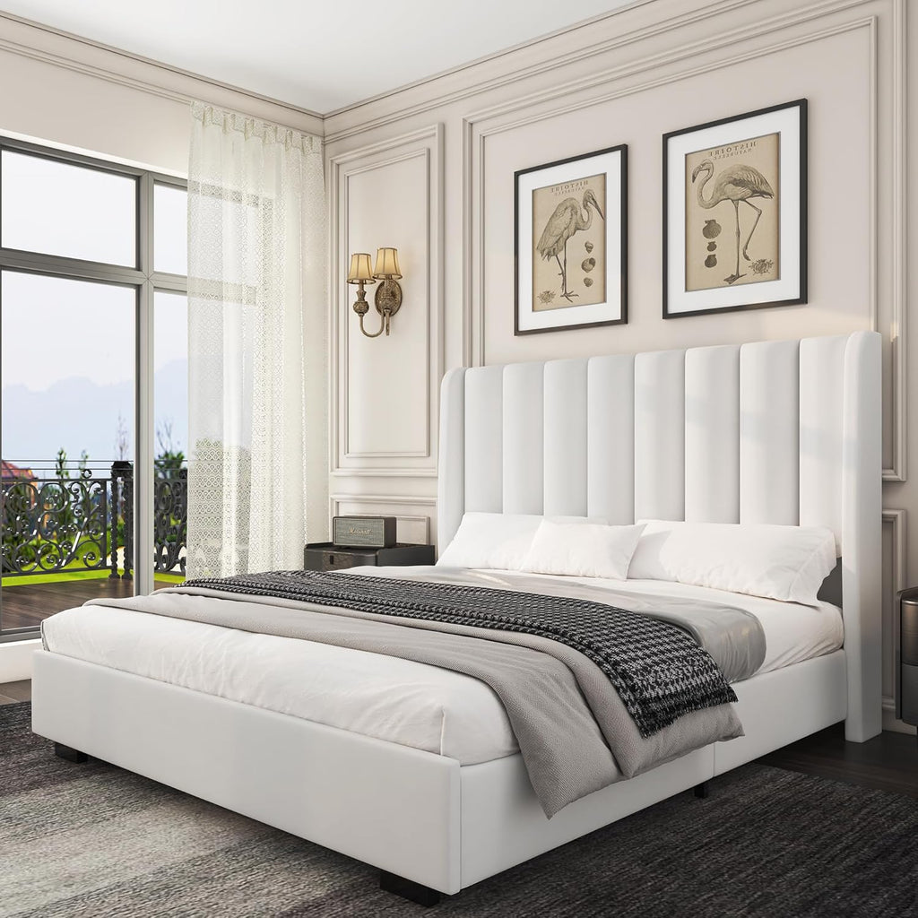 Queen Size Lift Up Storage Bed Frame with 51" Tall Headboard, Upholstered Velvet Wingback Tufted Design, Wood Slats Support, No Box Spring Required, Noise-Free Double Bed Frame (Queen,White)