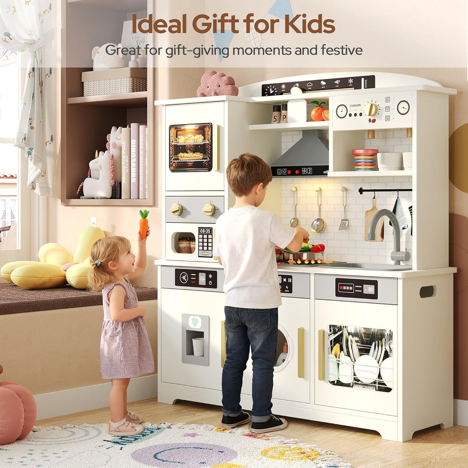 Play Kitchen for Kids, Wooden Toy Kitchen Set with Plenty of Play Features & Accessories, Toddler Kitchen Playset, Pretend Play Kitchen, Gift for Ages 3+