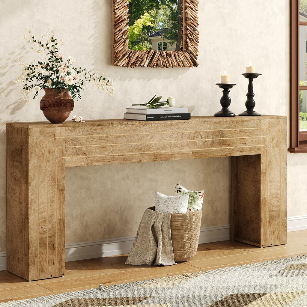 70.9-Inch Long Console Table, Farmhouse Entryway Table with Handcrafted Line Detailing, Wood Narrow Sofa Table for Living Room, Hallway, Foyer, and Behind Couch