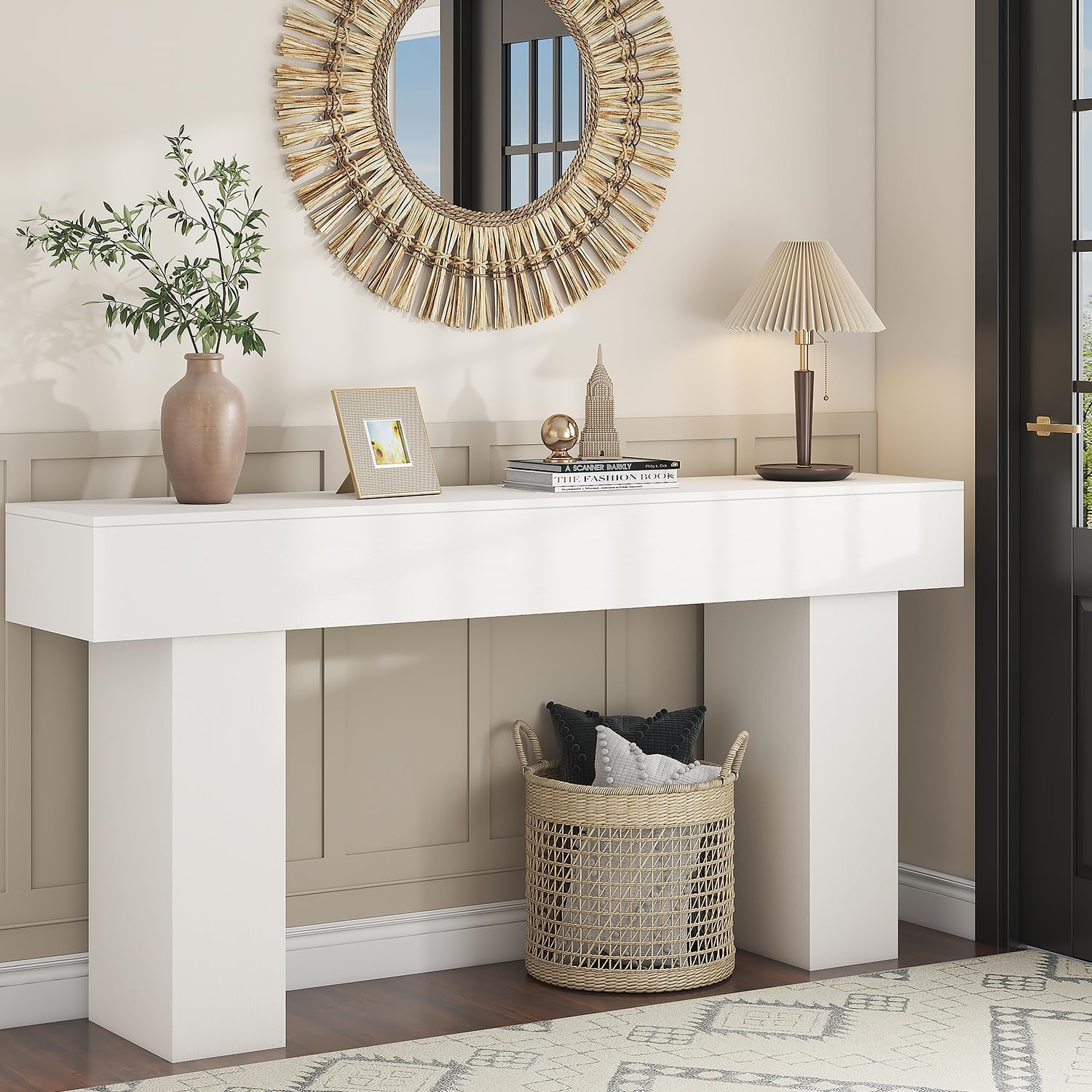 63 Inch Long Console Table for Entryway, Farmhouse Wood Rectangular Sofa Table Behind Couch Table, Narrow Entryway Table for Living Room, Entrance, Hallway, Foyer, Easy Assembly (Classic White)