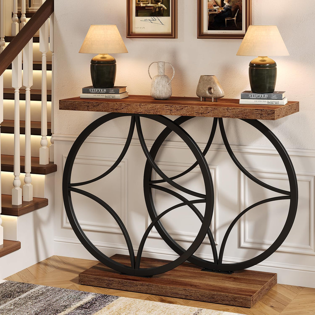 39.4" Console Table, Industrial Entryway Table with Anti-Tilt Design, Narrow Wood Accent Sofa Table Behind Couch with Double Circle Base for Entryway, Living Room, Hallway, Foyer