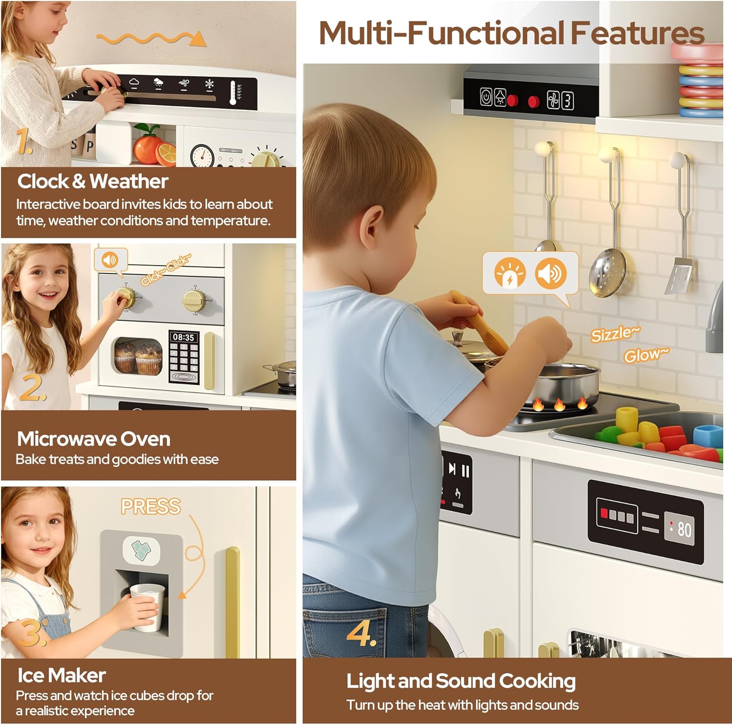 Play Kitchen for Kids, Wooden Toy Kitchen Set with Plenty of Play Features & Accessories, Toddler Kitchen Playset, Pretend Play Kitchen, Gift for Ages 3+