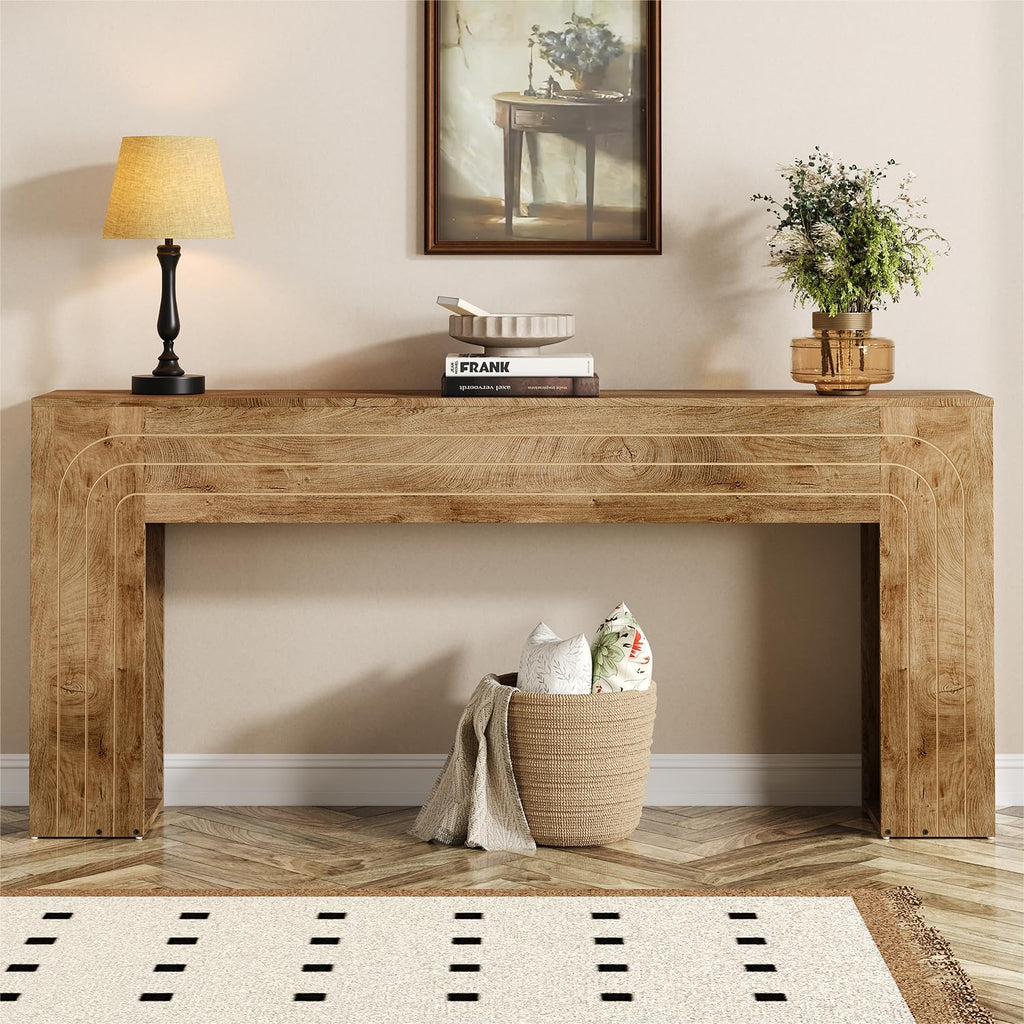 70.9-Inch Long Console Table, Farmhouse Entryway Table with Handcrafted Line Detailing, Wood Narrow Sofa Table for Living Room, Hallway, Foyer, and Behind Couch