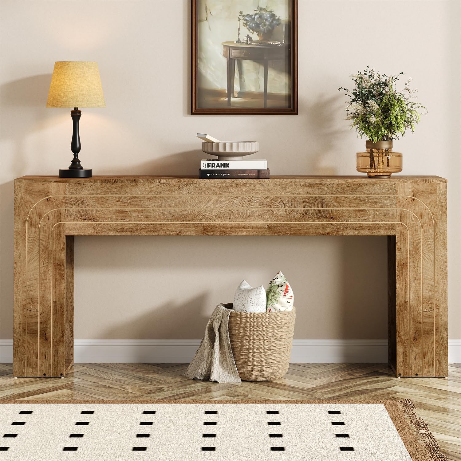70.9-Inch Long Console Table, Farmhouse Entryway Table with Handcrafted Line Detailing, Wood Narrow Sofa Table for Living Room, Hallway, Foyer, and Behind Couch