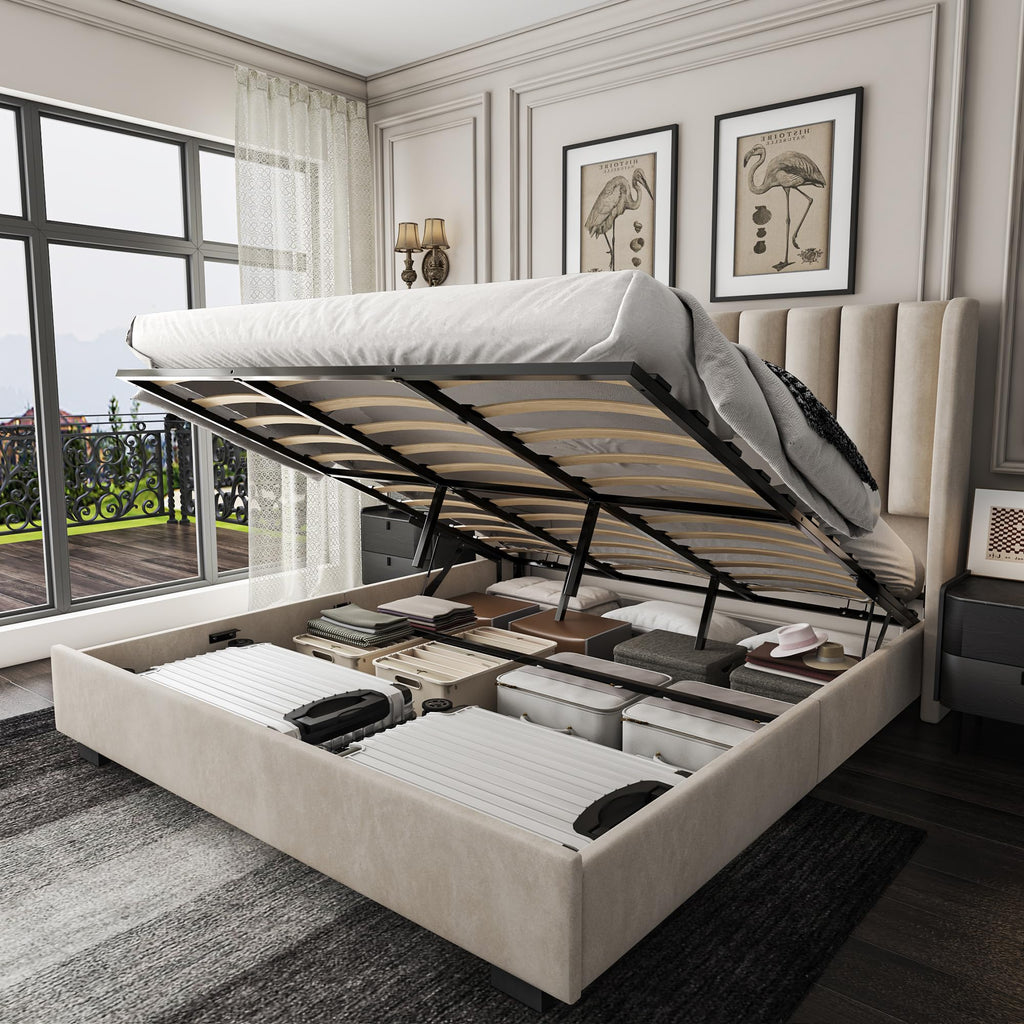 Queen Size Lift Up Storage Bed Frame with 51" Tall Headboard, Upholstered Velvet Wingback Tufted Design, Wood Slats Support, No Box Spring Required, Noise-Free Double Bed Frame (Queen,Beige)