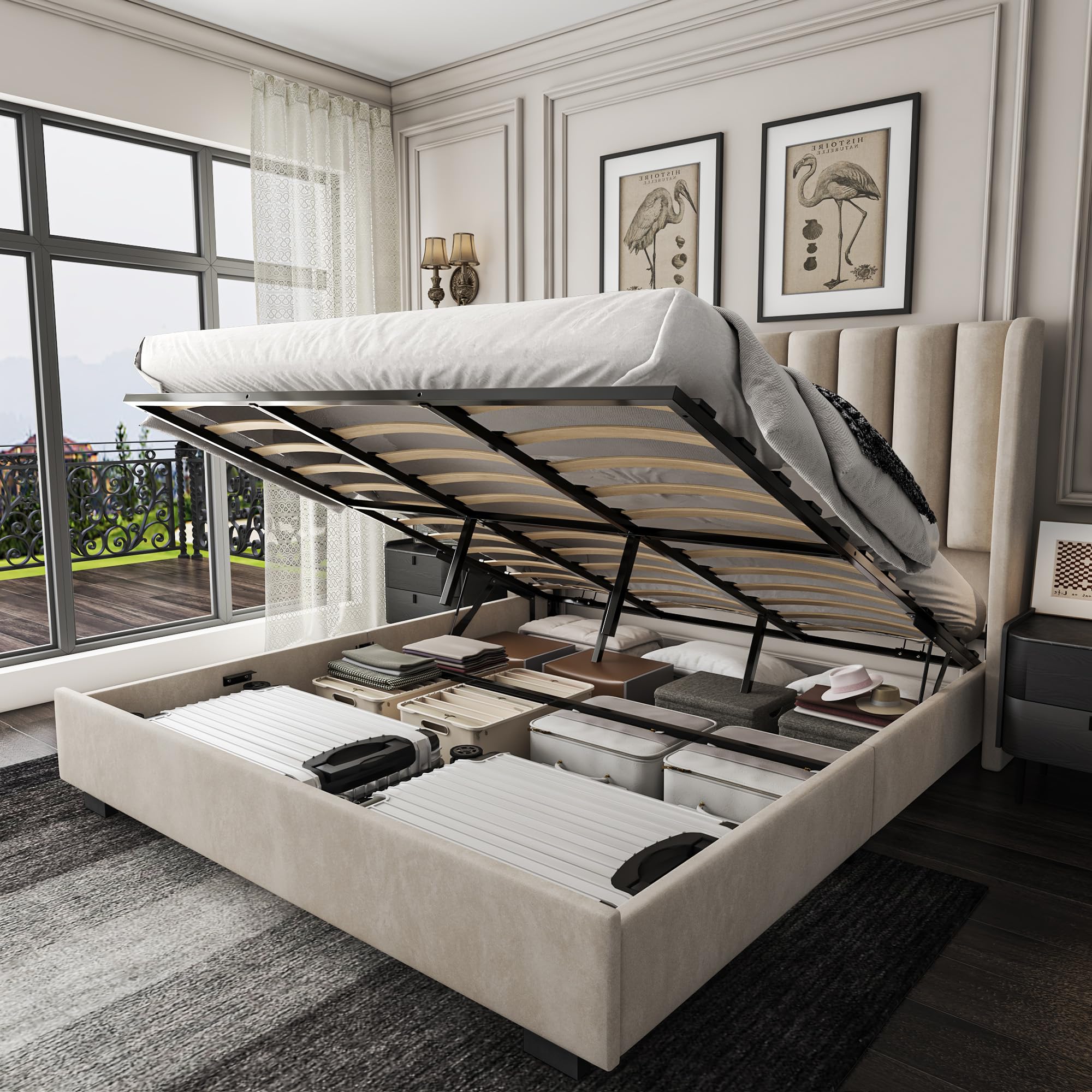 Queen Size Lift Up Storage Bed Frame with 51" Tall Headboard, Upholstered Velvet Wingback Tufted Design, Wood Slats Support, No Box Spring Required, Noise-Free Double Bed Frame (Queen,White)