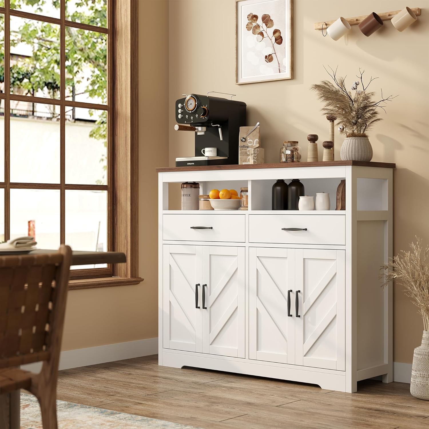 Buffet Sideboard with Storage Farmhouse with 4 Doors, 47'' Large Kitchen Storage Cabinet Wood Coffee Bar Cabinet Buffet Table with Shelves for Kitchen, Dining Room, Entryway