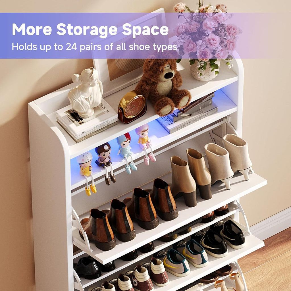 Wooden Shoe Cabinet, Narrow LED Shoe Rack Closed Storage Organizer with Adjustable Shelf, Freestanding Hidden Shoe Cabinet Storage for Entryway,Living Room(3 Drawers with LED, Linen White)