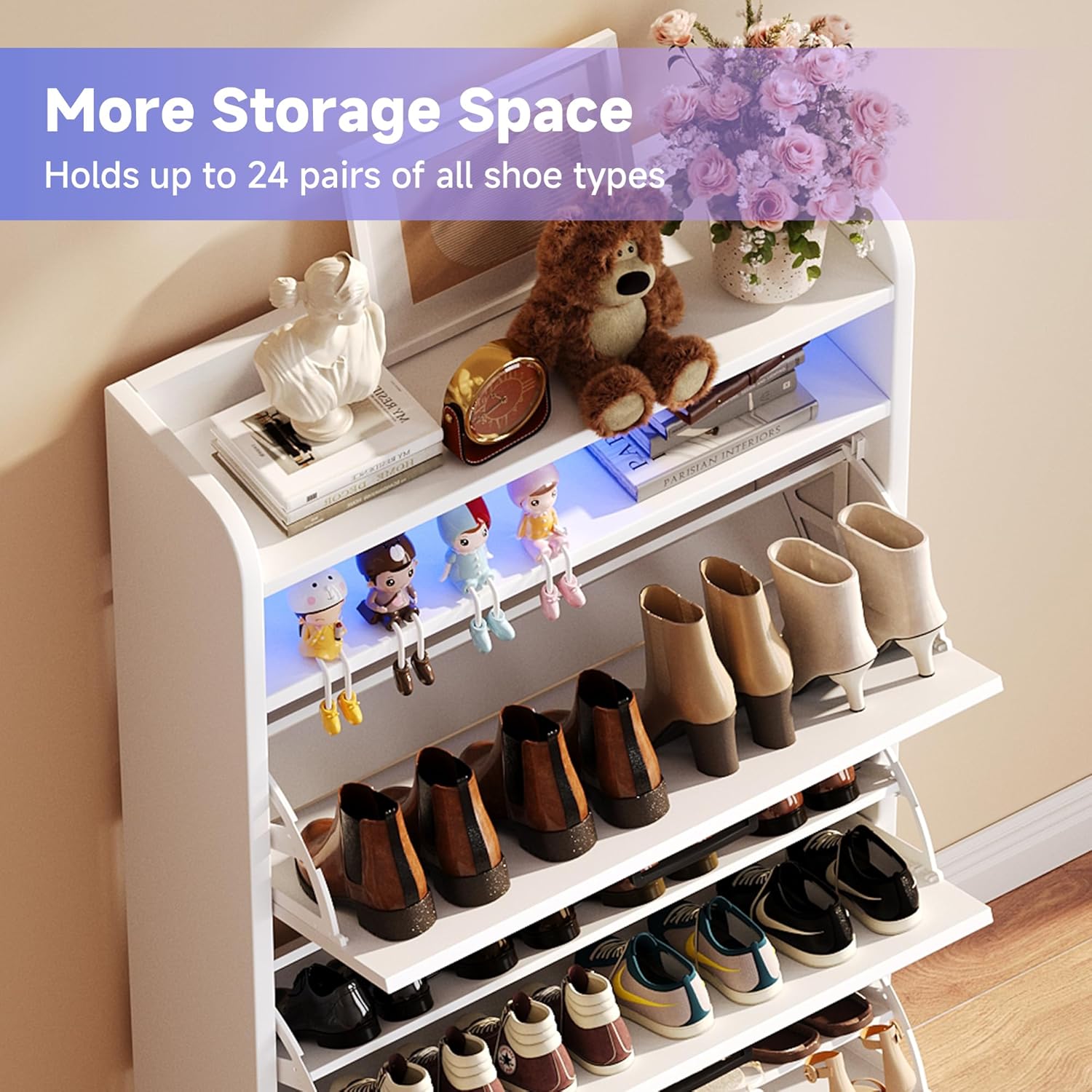Wooden Shoe Cabinet, Narrow LED Shoe Rack Closed Storage Organizer with Adjustable Shelf, Freestanding Hidden Shoe Cabinet Storage for Entryway,Living Room(3 Drawers with LED, Linen White)