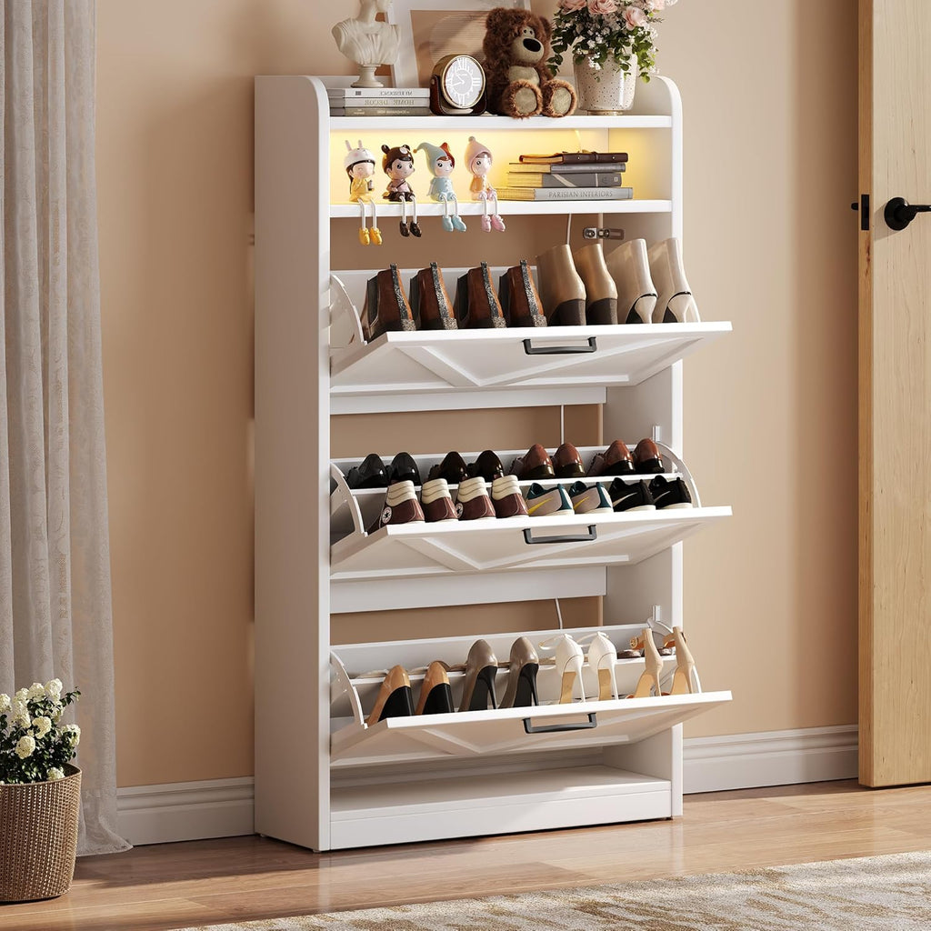 Wooden Shoe Cabinet, Narrow LED Shoe Rack Closed Storage Organizer with Adjustable Shelf, Freestanding Hidden Shoe Cabinet Storage for Entryway,Living Room(3 Drawers with LED, Linen White)