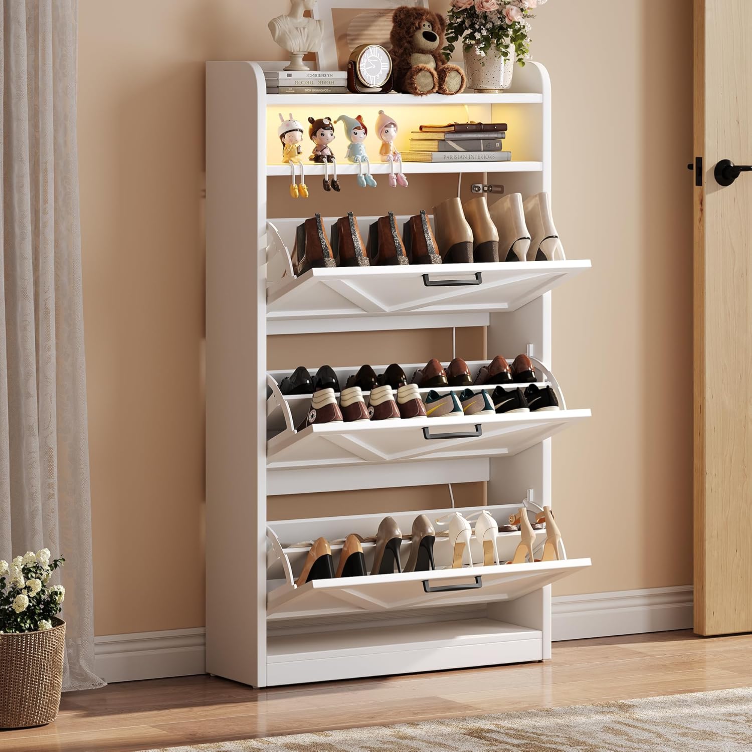 Wooden Shoe Cabinet, Narrow LED Shoe Rack Closed Storage Organizer with Adjustable Shelf, Freestanding Hidden Shoe Cabinet Storage for Entryway,Living Room(3 Drawers with LED, Linen White)