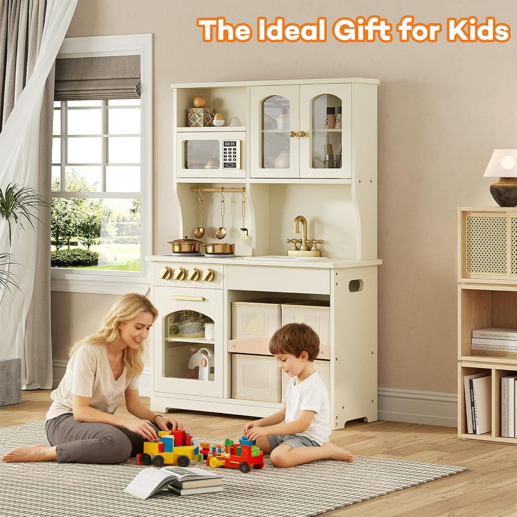 Play Kitchen for Kids, Wooden Toy Kitchen Set with Smart Storage & Accessories, Toddler Kitchen Playset with Stove & Oven, Pretend Play Set, Gift for Ages 3-8, White