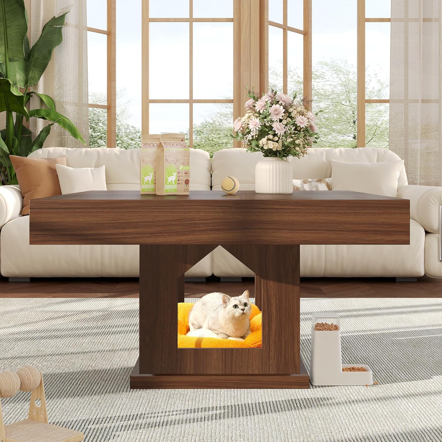 Square Coffee Table, Wooden Coffee Table with Storage and Cat House, Rustic Brown Cocktail Table for Living Room, Farmhouse Large Center Table
