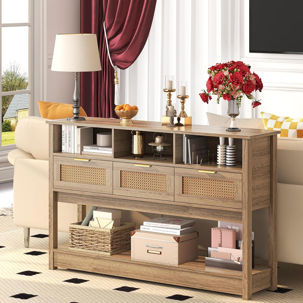 Rattan Console Table, Boho Entryway Table Sofa Table with Storage, Hallway Foyer Table Behind Couch Table, Wood Console Tables Open Storage Shelf for Living Room, Hallway, Brown