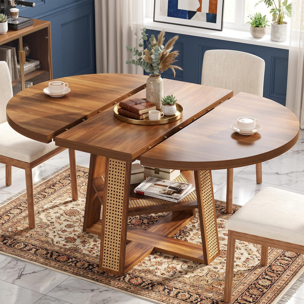 knoworld 43"-59" Extendable Round Dining Table for 4-8, V-Leg | Modern Kitchen Oval Dining Table with Removable Leaves, Wood Base with Storage Shelf for Kitchen Living Room, Walnut