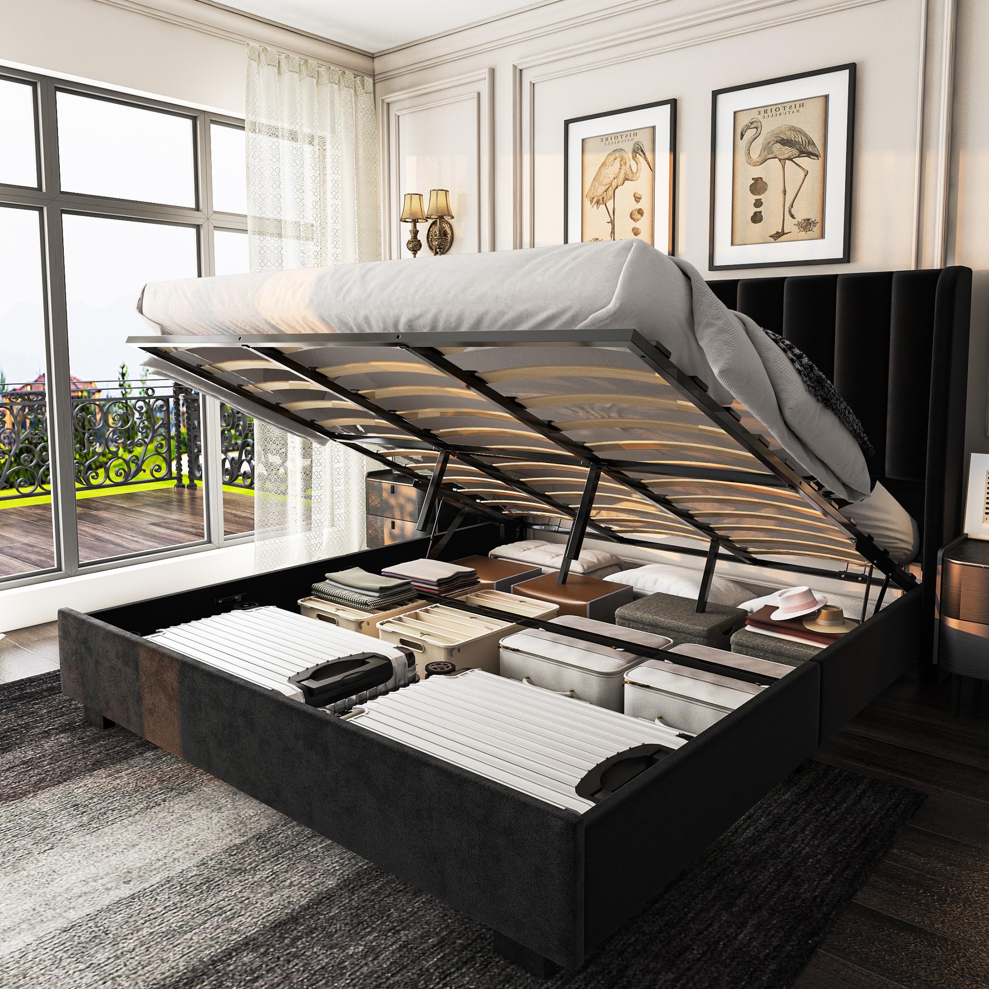 Queen Size Lift Up Storage Bed Frame with 51" Tall Headboard, Upholstered Velvet Wingback Tufted Design, Wood Slats Support, No Box Spring Required, Noise-Free Double Bed Frame (Queen,Beige)