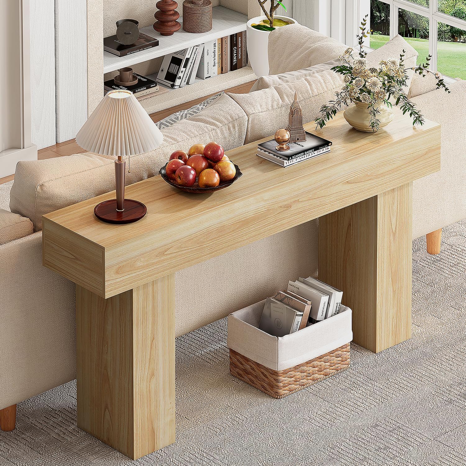 63 Inch Long Console Table for Entryway, Farmhouse Wood Rectangular Sofa Table Behind Couch Table, Narrow Entryway Table for Living Room, Entrance, Hallway, Foyer, Easy Assembly (Natural)