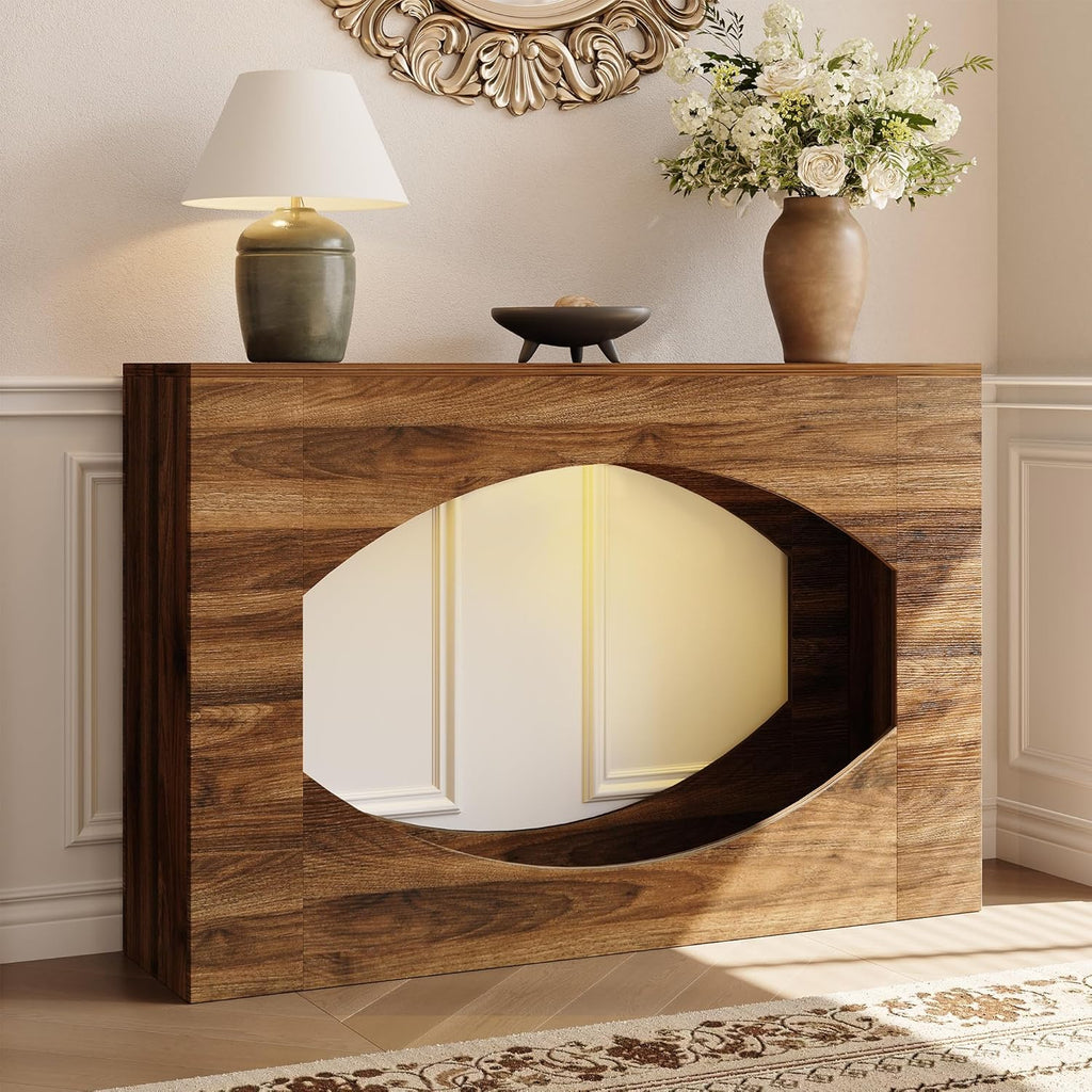 47" Console Table with LED, 2-Tier Entryway Table with Storage, Long Sofa Table Behind Couch, Narrow Farmhouse Accent Tables for Living Room, Hallway, Foyer, Wood, Brown