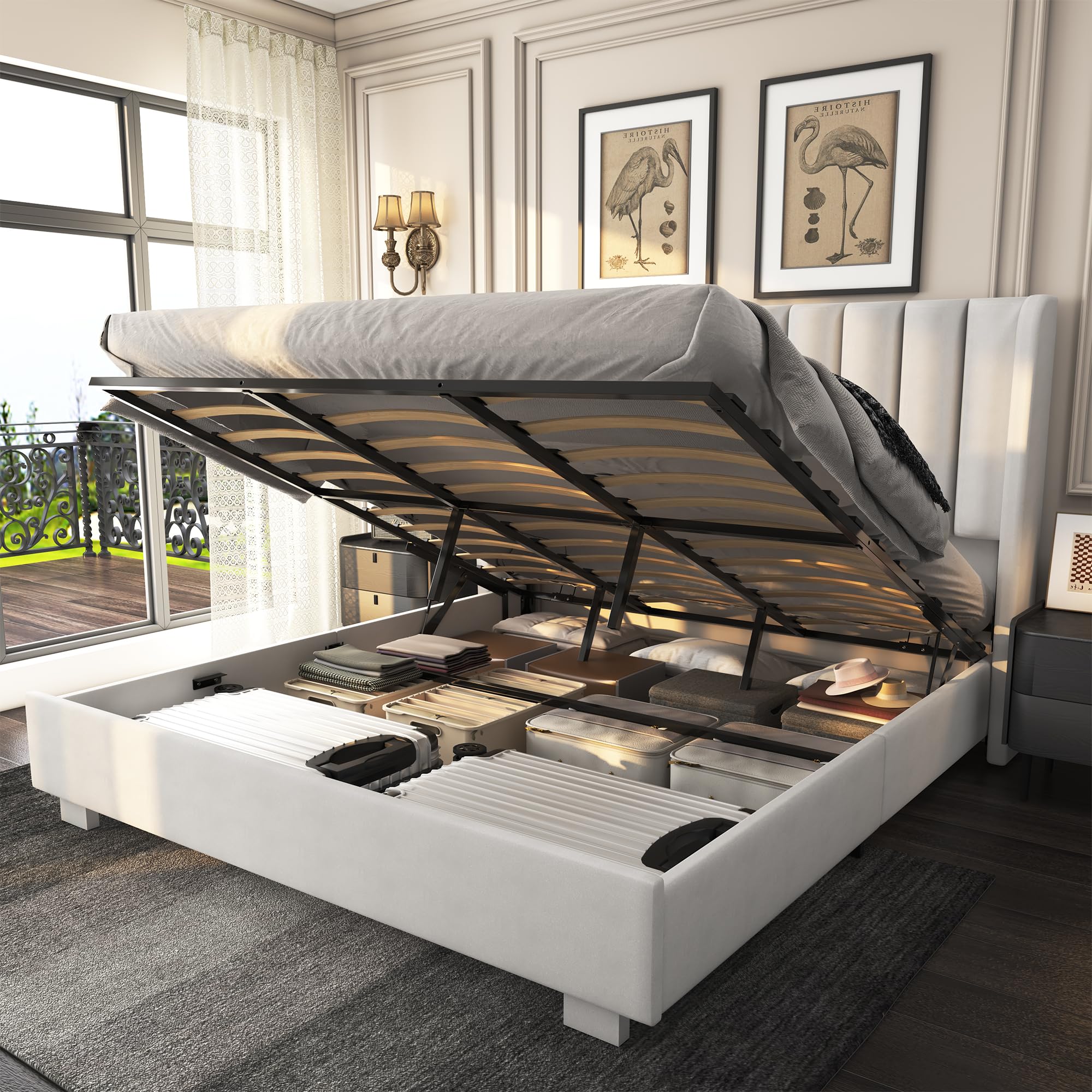 Queen Size Lift Up Storage Bed Frame with 51" Tall Headboard, Upholstered Velvet Wingback Tufted Design, Wood Slats Support, No Box Spring Required, Noise-Free Double Bed Frame (Queen,Beige)