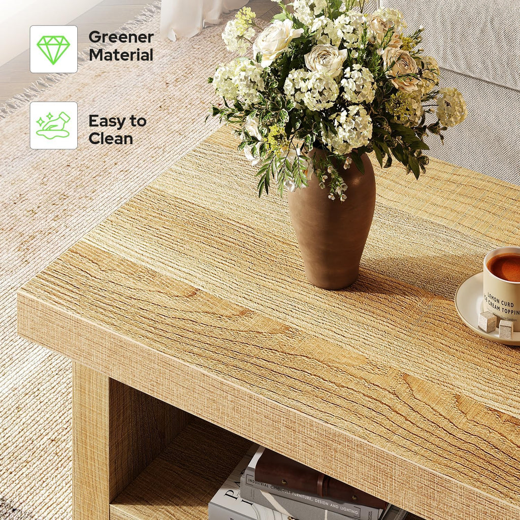 47-Inch Rectangle Coffee Table, Wood Rectangular Center Tables, Farmhouse Low Cocktail Tea Table for Living Room, Thick Base/Easy Assembly, Natural