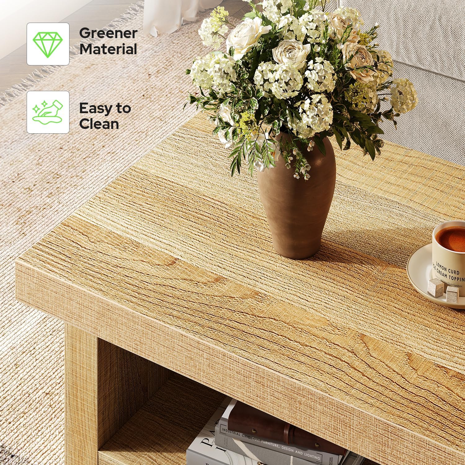 47-Inch Rectangle Coffee Table, Wood Rectangular Center Tables, Farmhouse Low Cocktail Tea Table for Living Room, Thick Base/Easy Assembly, Natural