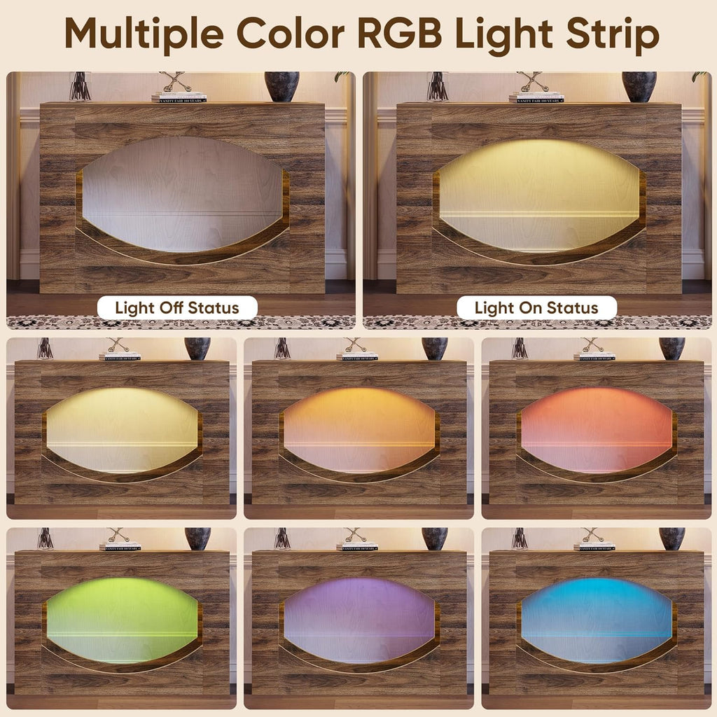 47" Console Table with LED, 2-Tier Entryway Table with Storage, Long Sofa Table Behind Couch, Narrow Farmhouse Accent Tables for Living Room, Hallway, Foyer, Wood, Brown