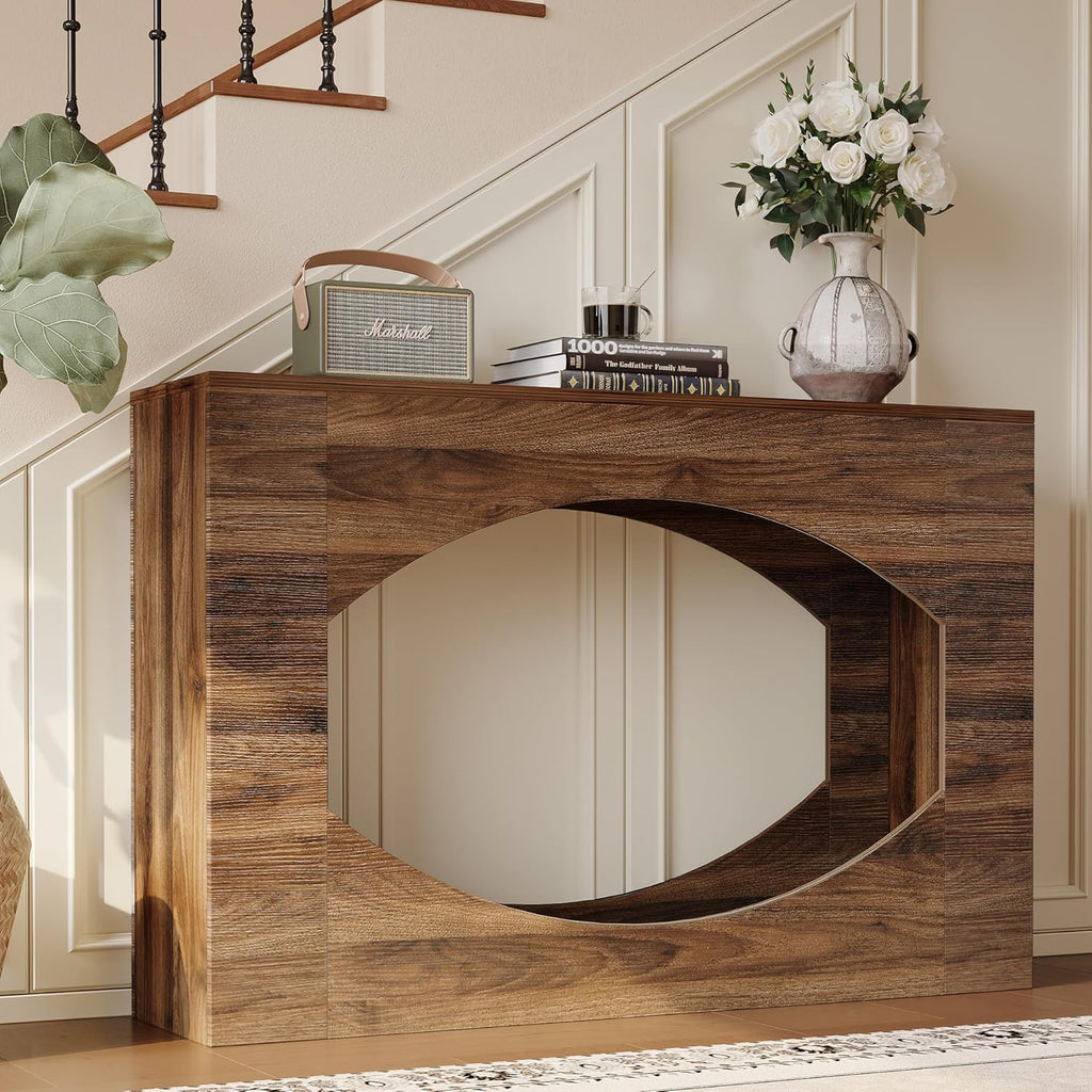 47" Console Table with LED, 2-Tier Entryway Table with Storage, Long Sofa Table Behind Couch, Narrow Farmhouse Accent Tables for Living Room, Hallway, Foyer, Wood, Brown