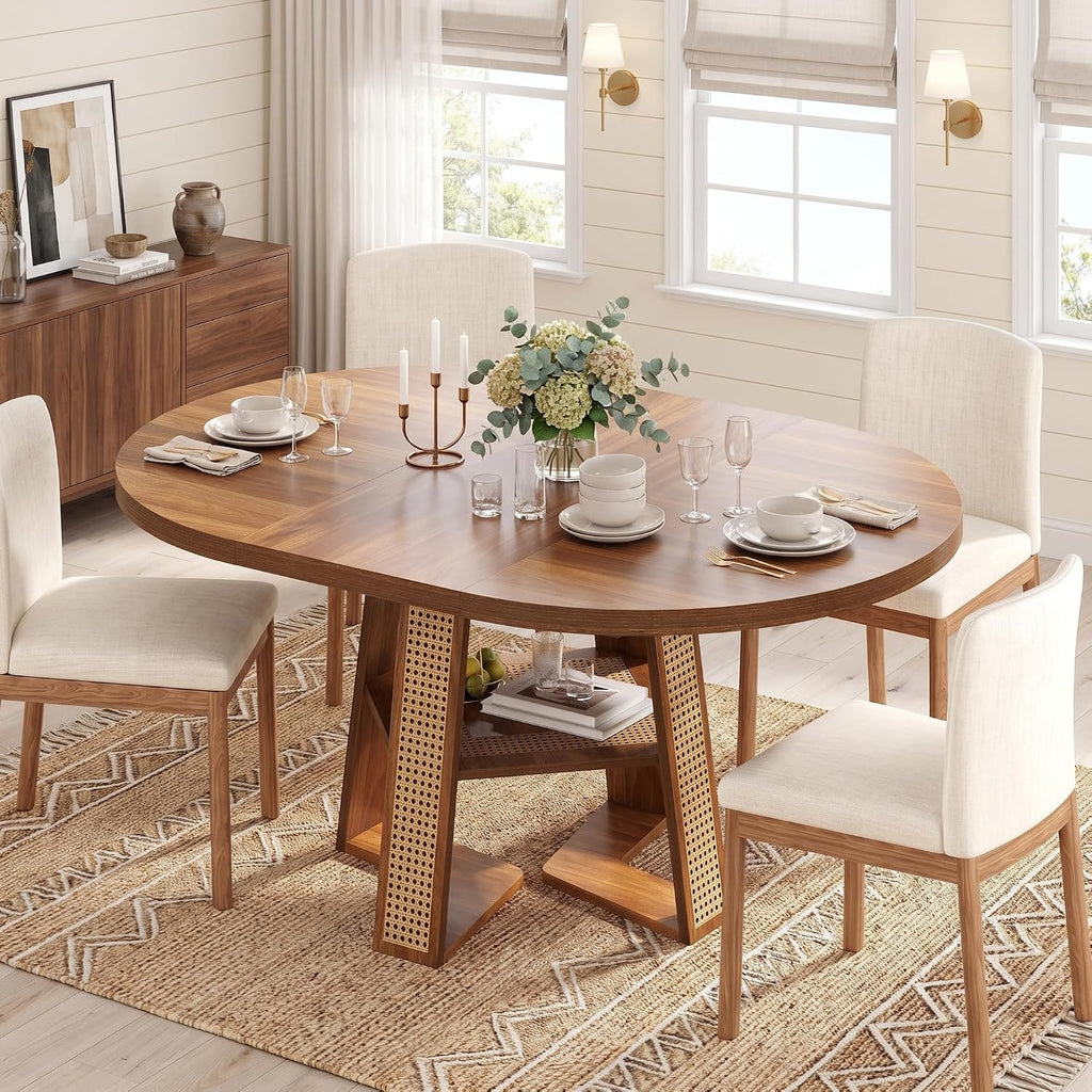 knoworld 43"-59" Extendable Round Dining Table for 4-8, V-Leg | Modern Kitchen Oval Dining Table with Removable Leaves, Wood Base with Storage Shelf for Kitchen Living Room, Walnut