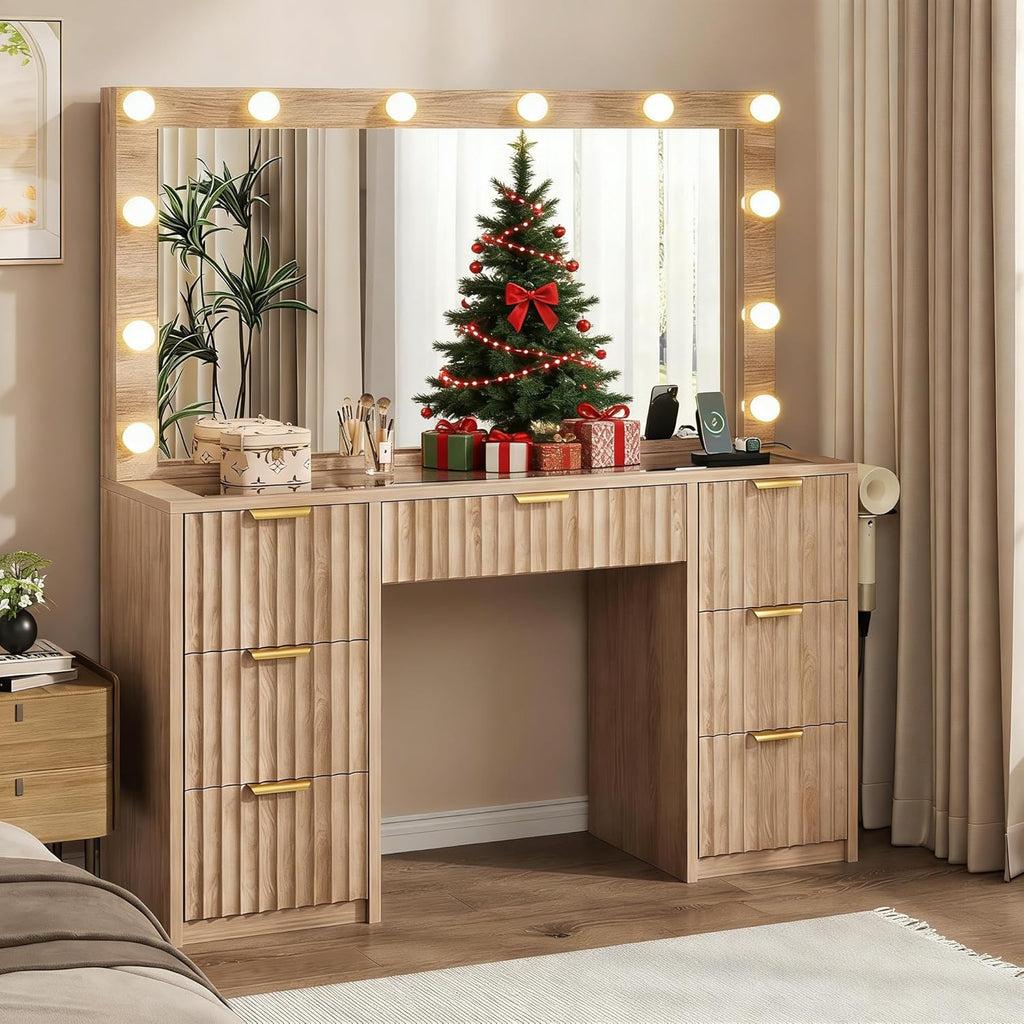 47" Fluted Makeup Vanity Desk with Large 42" Mirror and Ajustable LED Lights, Modern Glass Top Big Vanity Table with 7 Drawers, Dressing Table w/Charging Outlet for Bedroom, Natural Oak