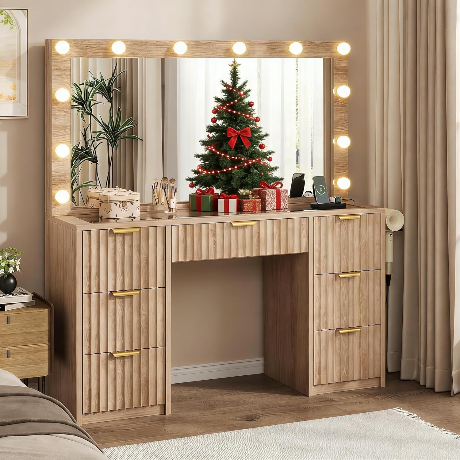 47" Fluted Makeup Vanity Desk with Large 42" Mirror and Ajustable LED Lights, Modern Glass Top Big Vanity Table with 7 Drawers, Dressing Table w/Charging Outlet for Bedroom, Natural Oak