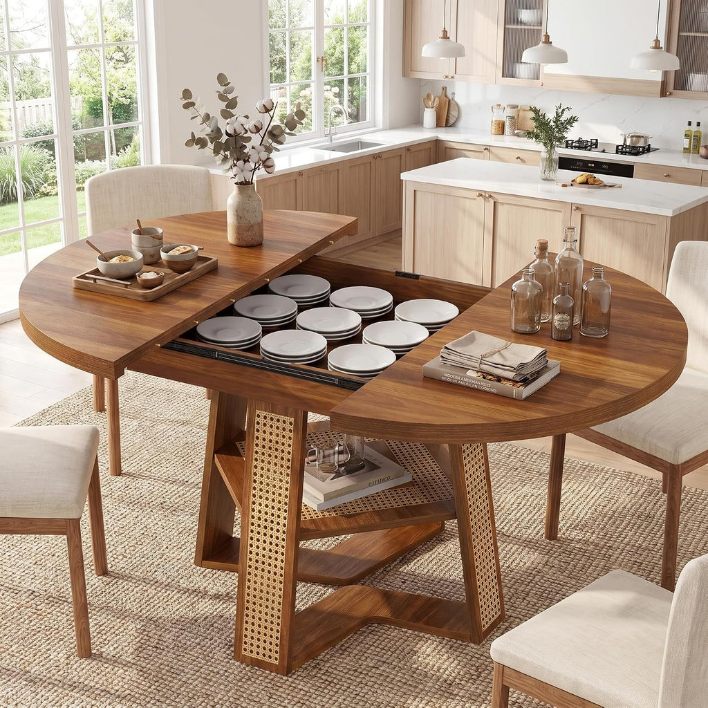 knoworld 43"-59" Extendable Round Dining Table for 4-8, V-Leg | Modern Kitchen Oval Dining Table with Removable Leaves, Wood Base with Storage Shelf for Kitchen Living Room, Walnut