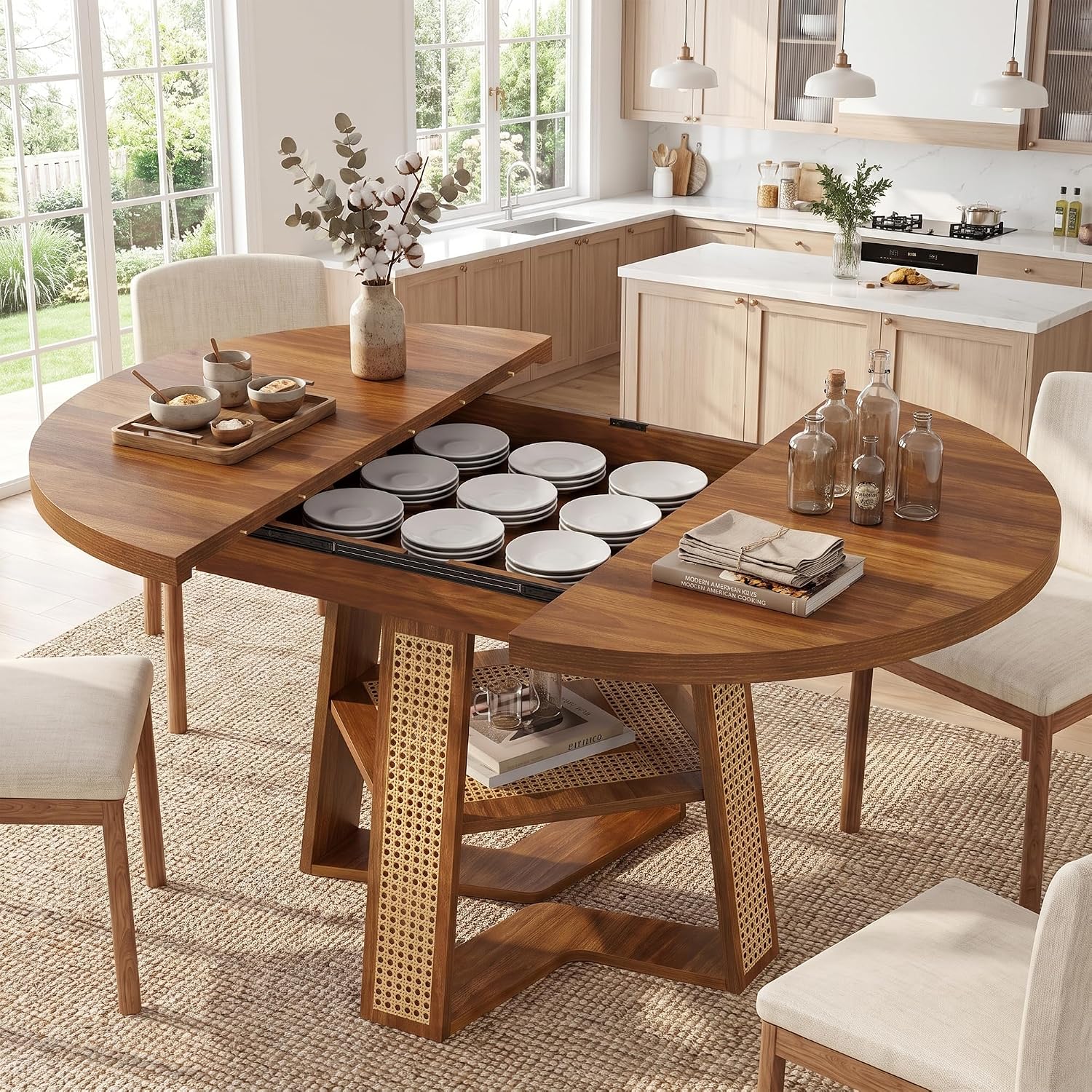 knoworld 43"-59" Extendable Round Dining Table for 4-8, V-Leg | Modern Kitchen Oval Dining Table with Removable Leaves, Wood Base with Storage Shelf for Kitchen Living Room, Walnut