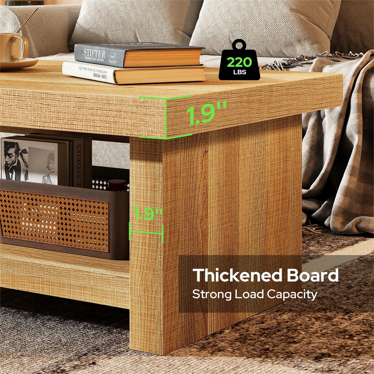 47-Inch Rectangle Coffee Table, Wood Rectangular Center Tables, Farmhouse Low Cocktail Tea Table for Living Room, Thick Base/Easy Assembly, Natural