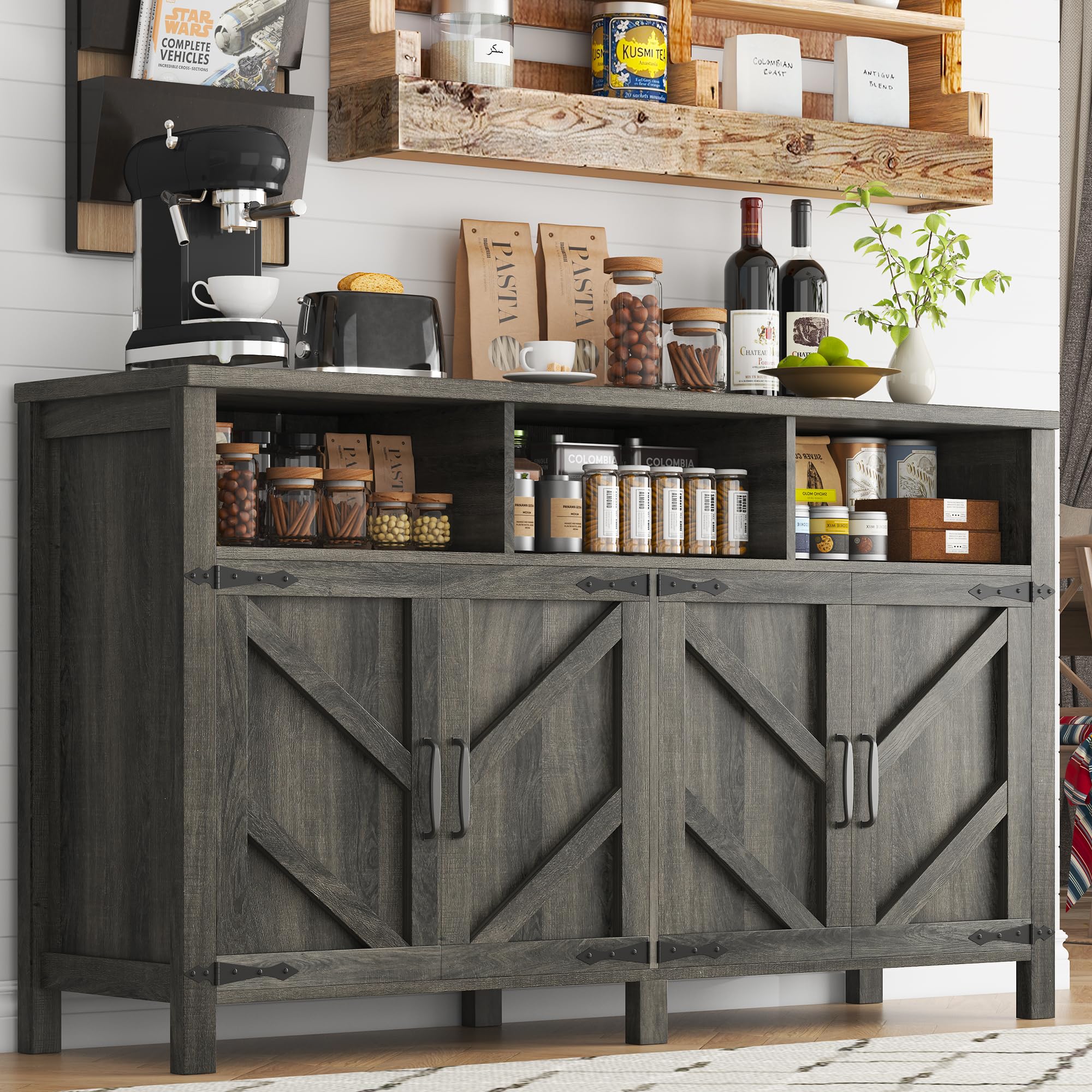 Buffet Sideboard with Storage Farmhouse with 4 Doors, 47'' Large Kitchen Storage Cabinet Wood Coffee Bar Cabinet Buffet Table with Shelves for Kitchen, Dining Room, Entryway