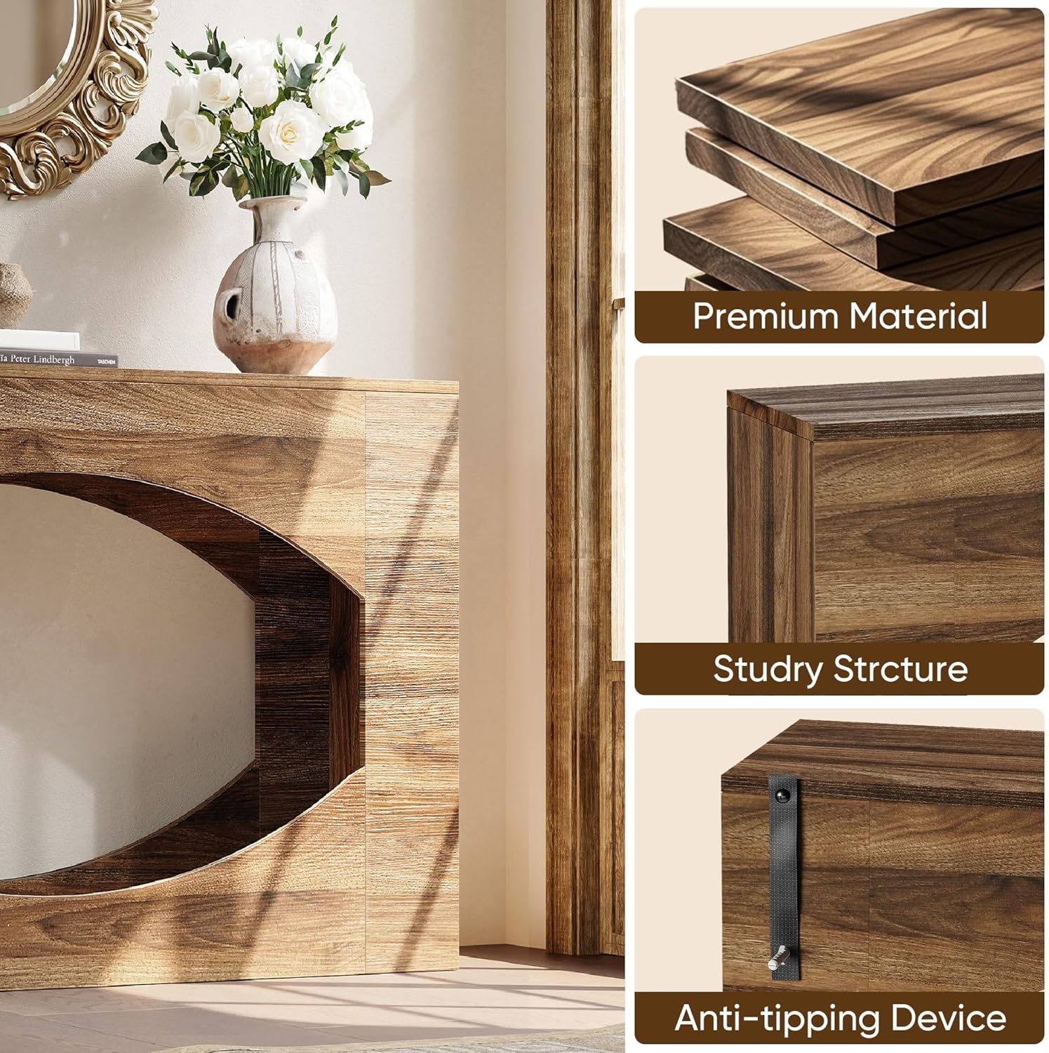 47" Console Table with LED, 2-Tier Entryway Table with Storage, Long Sofa Table Behind Couch, Narrow Farmhouse Accent Tables for Living Room, Hallway, Foyer, Wood, Brown