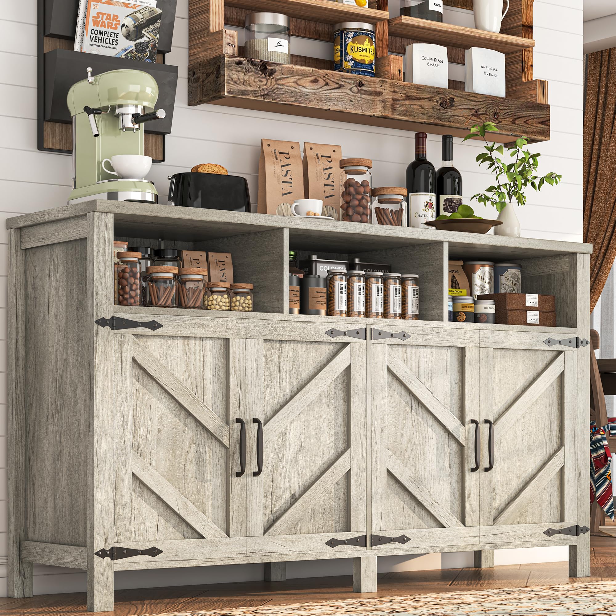 Buffet Sideboard with Storage Farmhouse with 4 Doors, 55'' Large Kitchen Storage Cabinet Wood Coffee Bar Cabinet Buffet Table with Shelves for Kitchen, Dining Room, Entryway