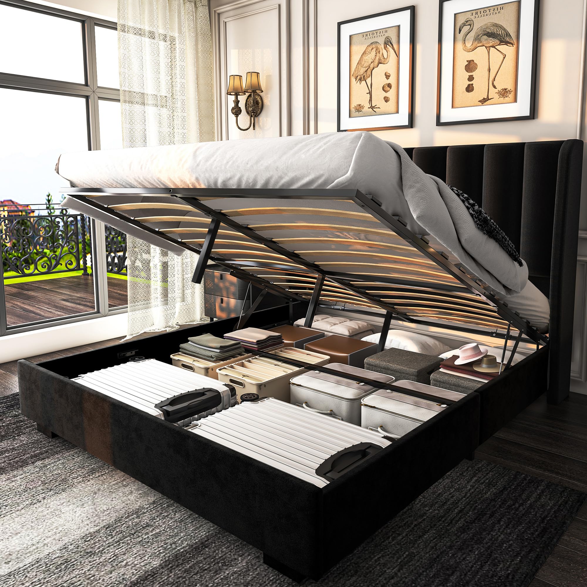 Queen Size Lift Up Storage Bed Frame with 51" Tall Headboard, Upholstered Velvet Wingback Tufted Design, Wood Slats Support, No Box Spring Required, Noise-Free Double Bed Frame (Queen,Beige)