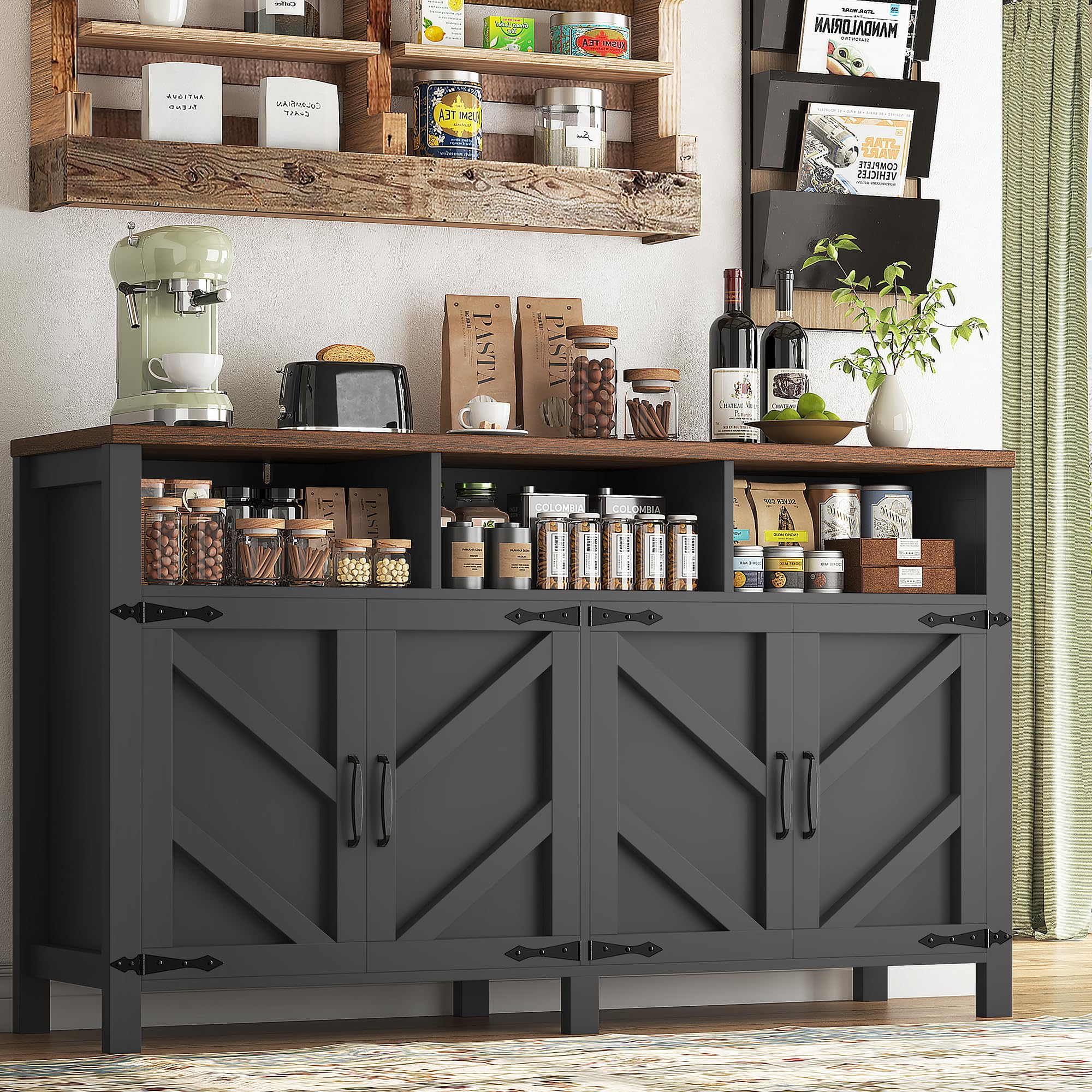 Buffet Sideboard with Storage Farmhouse with 4 Doors, 47'' Large Kitchen Storage Cabinet Wood Coffee Bar Cabinet Buffet Table with Shelves for Kitchen, Dining Room, Entryway