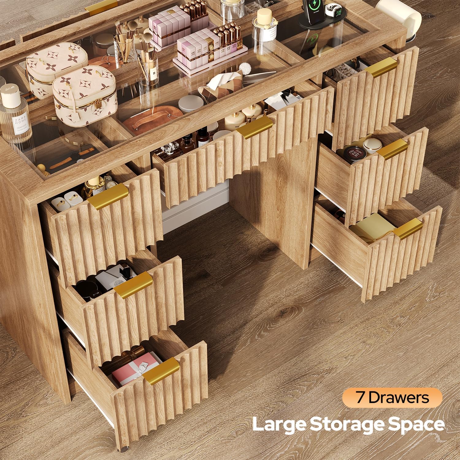 47" Fluted Makeup Vanity Desk with Large 42" Mirror and Ajustable LED Lights, Modern Glass Top Big Vanity Table with 7 Drawers, Dressing Table w/Charging Outlet for Bedroom, Natural Oak