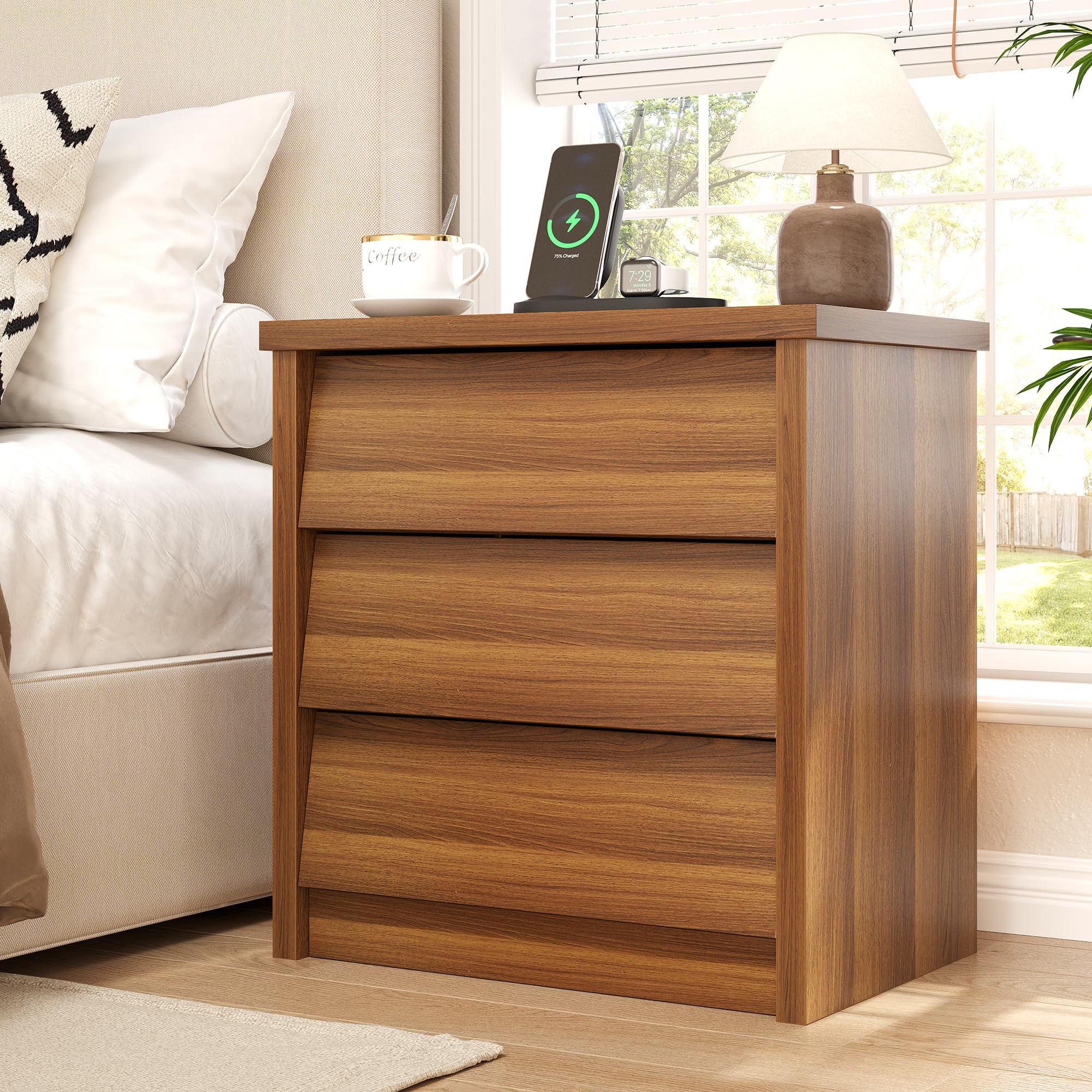 23" Wide Nightstand with Charger Station, Wood Night Stand with 3 Drawers, Modern Bedside Table with USB Ports and Outlets, Storage Bed Side End Table for Bedroom, Living Room, Hallway (Natural)