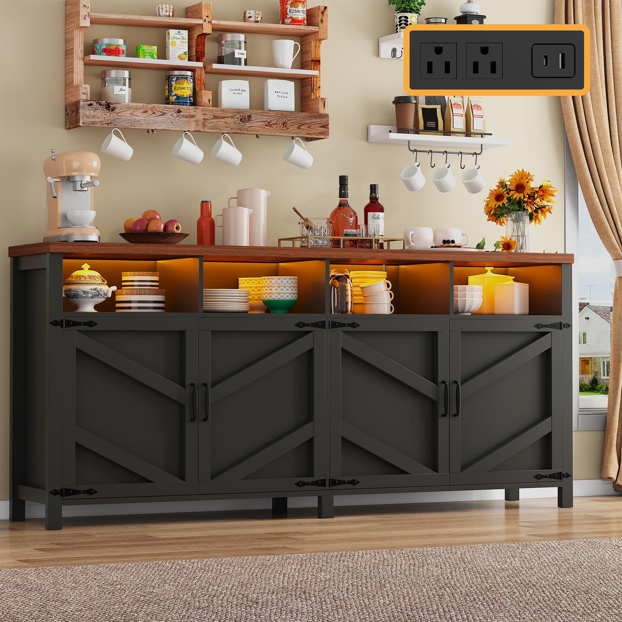 Buffet Sideboard with Storage Farmhouse with 4 Doors, 55'' Large Kitchen Storage Cabinet Wood Coffee Bar Cabinet Buffet Table with Shelves for Kitchen, Dining Room, Entryway