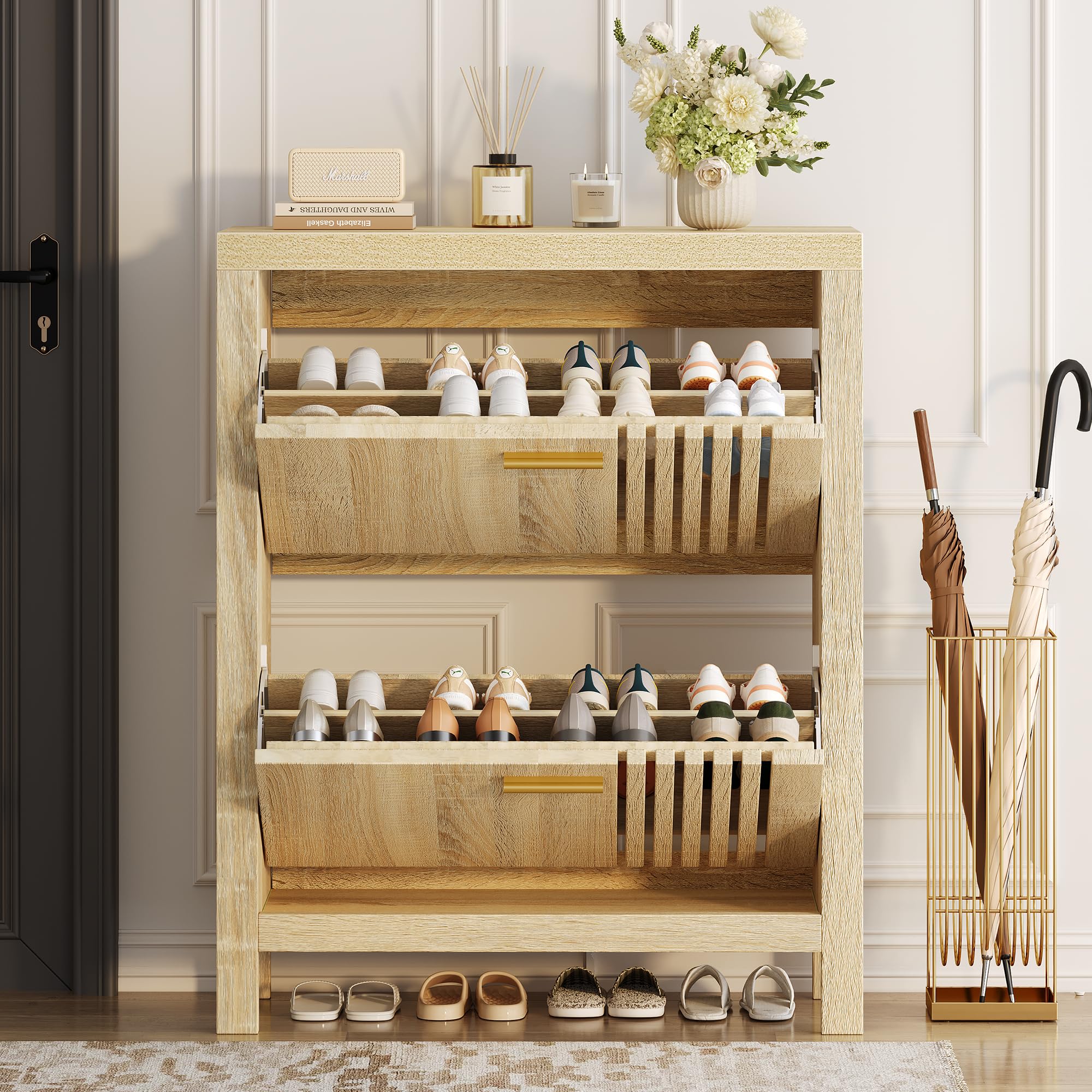 Shoe Storage Cabinet for Entryway with 2 Flip Drawers, 31.5" Slim Fluted Shoe Organizer Cabinet, Narrow Wooden Shoe Rack Cabinet, Freestanding Hidden Shoe Cabinet for Hallway, Entrance (Walnut)