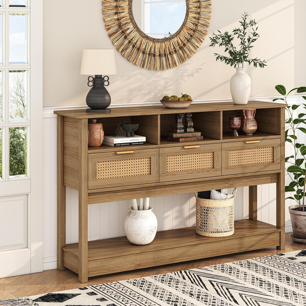 Rattan Console Table, Boho Entryway Table Sofa Table with Storage, Hallway Foyer Table Behind Couch Table, Wood Console Tables Open Storage Shelf for Living Room, Hallway, Brown