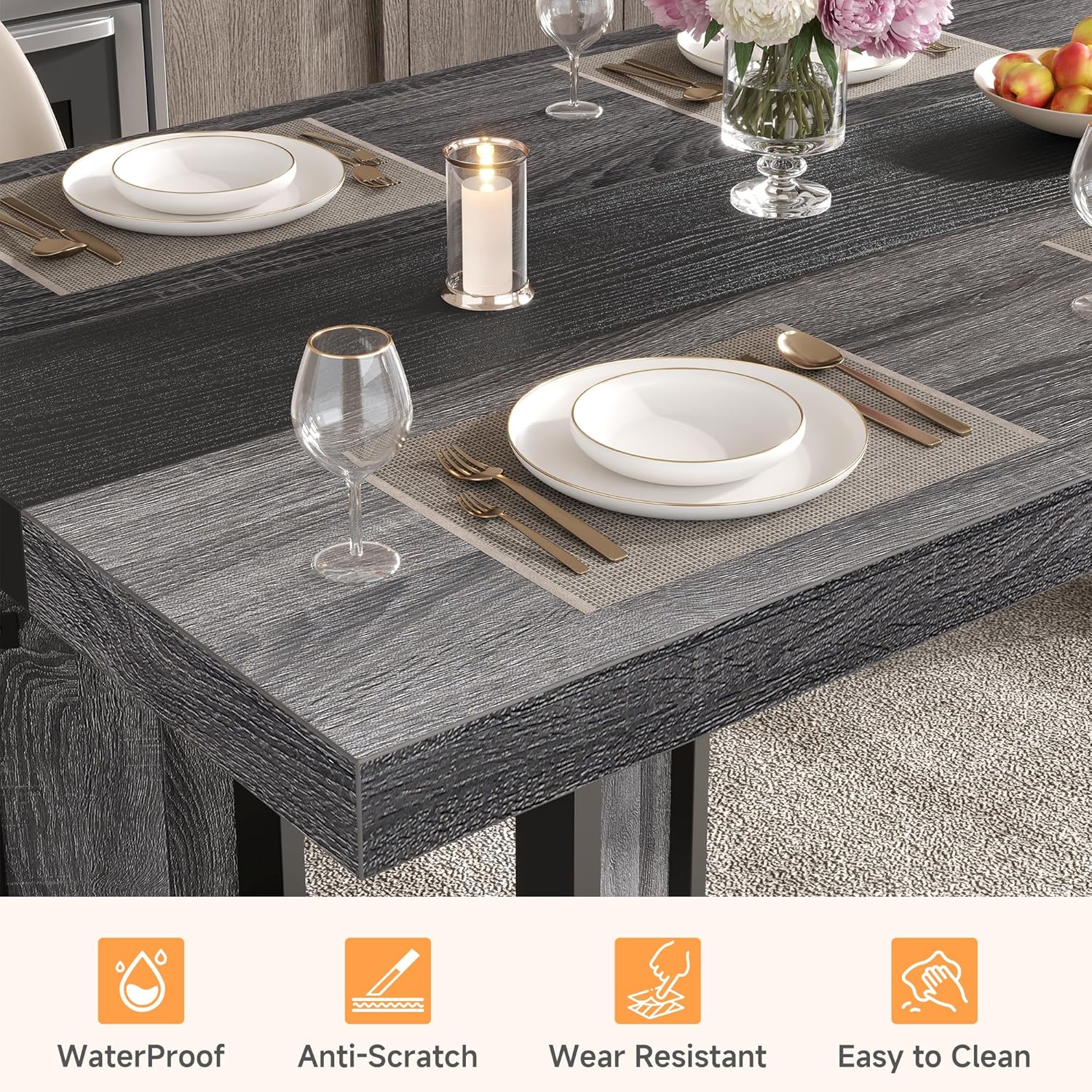 Industrial Dining Table for 6-8 People, 71" Large Long Wooden Kitchen Table with Sturdy Metal Frame & Brown Finish, Rustic Style Rectangular Dinner Table for Dining Room, Kitchen (Oak Gray)